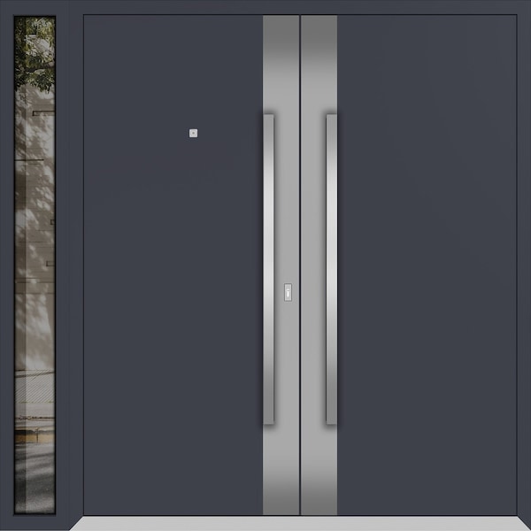 Vdomdoors Metal Double Doors Deux 0729 Gray Graphite Stainless Steel insert 1 Sidelight Entry Modern Painted DEUX0729DEXD-GRE-W72+12xH80-RH-O - main