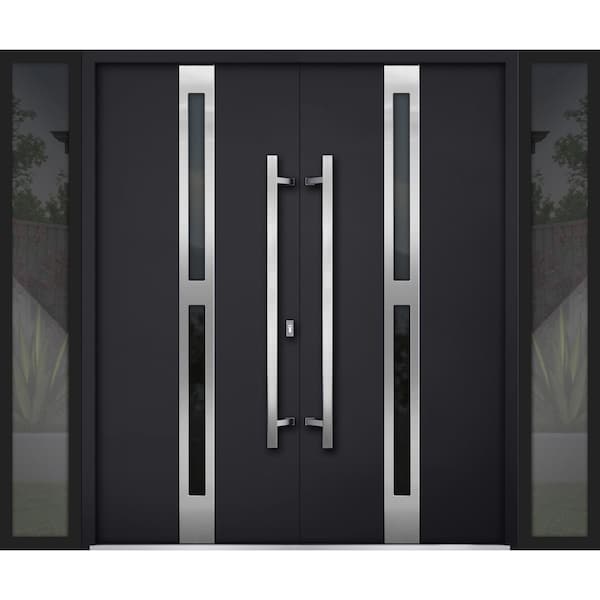 Vdomdoors Steel Double Doors Deux 1755 Black Enamel 2 Sidelight Exterior Windows Stainless Inserts Single Mod DEUX1755DEXD-BLK-RH-W16+72+16 x H80 - main