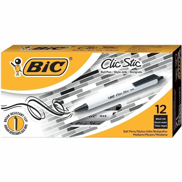 Bic Clic Stic Ballpoint Retractable Pen, Medium, White Barrel, Black Ink, Dozen CSM11BK - main