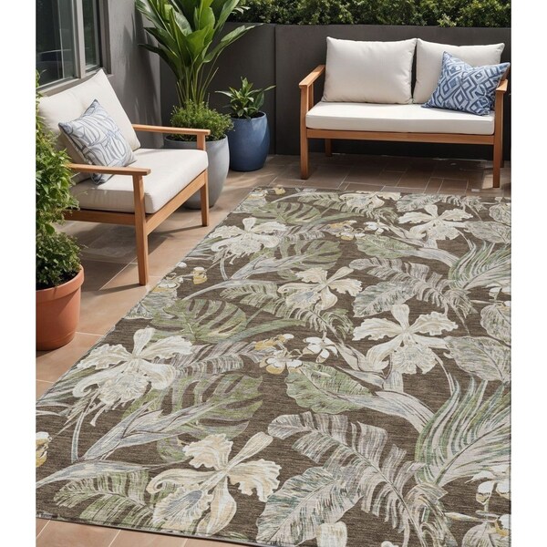 Homeroots 5' X 8' Brown Beige And Olive Green Botanical Leaves Washable Indoor Outdoor Area Rug 618395 - main