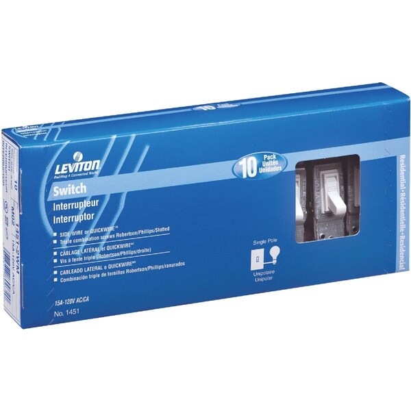 Leviton Residential Grade 15 Amp Toggle Single Pole Grounded Switch Ivory, 10PK M25-1451-2IM - main