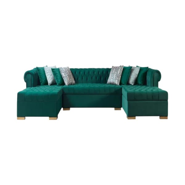 Homeroots Green Velvet U Shaped Three Piece Sofa and Chaise Sectional With Toss Pillows 643892 - main