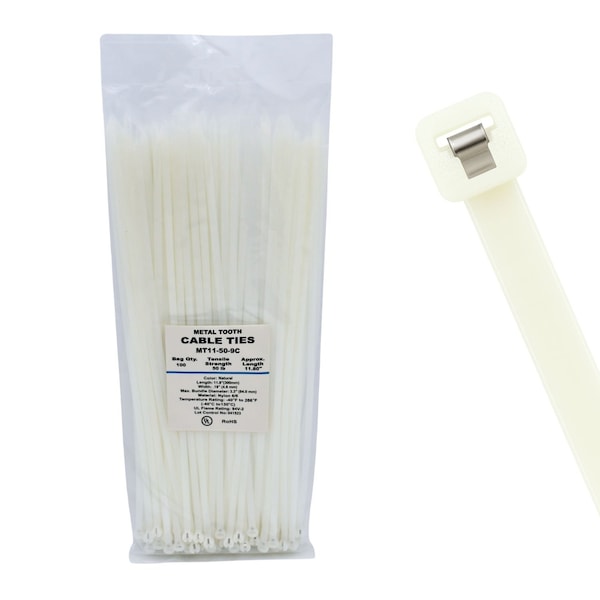 Cable Ties Unlimited Metal Tooth Cable Tie, 11 in L, 50 lb Strength, 3.2 in Max Bundle Dia, Nylon, Natural, 100PK MT11-50-9C - main