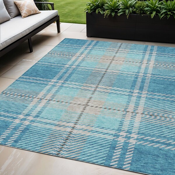 Homeroots 5' X 8' Teal Blue Gray And Brown Plaid Washable Indoor Outdoor Area Rug 596364 - main