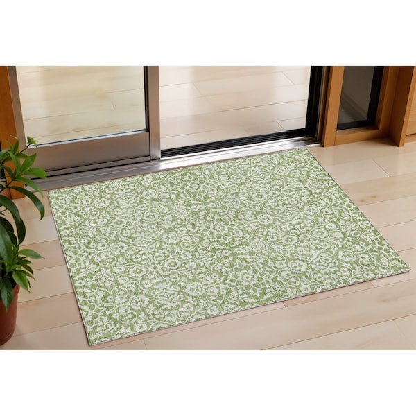 Homeroots 3' X 5' Green And Ivory Damask Washable Indoor Outdoor Area Rug 595139 - main