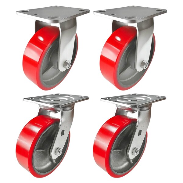 Hyw Products Heavy Duty Caster Set 6in Red Polyurethane on Cast Iron Wheels, 2 Rigid & 2 Swivel, 4PK 40-60R-A1-PC-2,40-60S-A1-PC-2 (R) - main