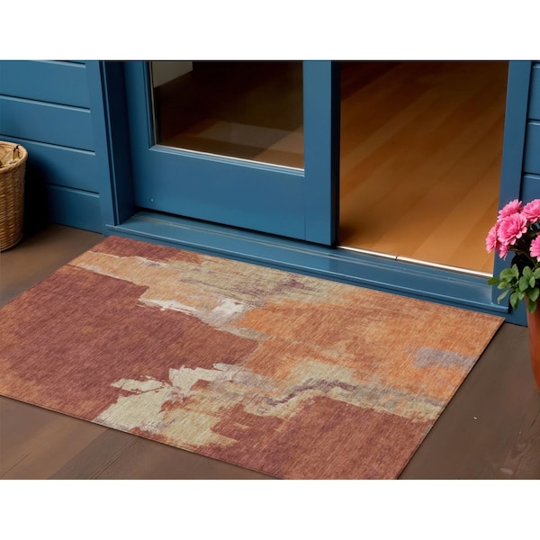 Homeroots 3' X 5' Orange And Burnt Orange Abstract Washable Indoor Outdoor Area Rug 609172 - main