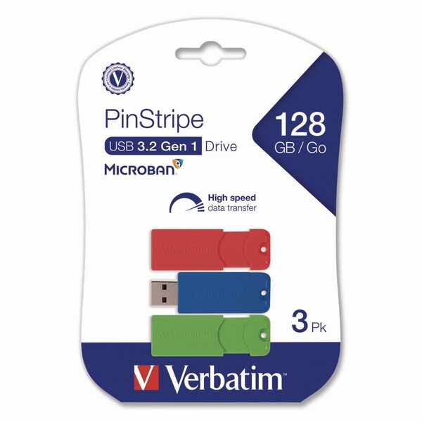 Verbatim PinStripe USB 3.0 Flash Drive, 128 GB, Blue/Green/Red, 3PK 70390 - main