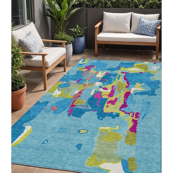 Homeroots 5' X 8' Aqua Green And Pink Abstract Washable Indoor Outdoor Area Rug 599533 - main