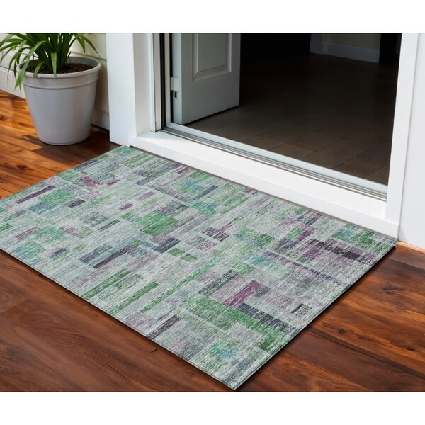 Homeroots 3' X 5' Artichoke Green Charcoal And Purple Striped Washable Indoor Outdoor Area Rug 603509 - main