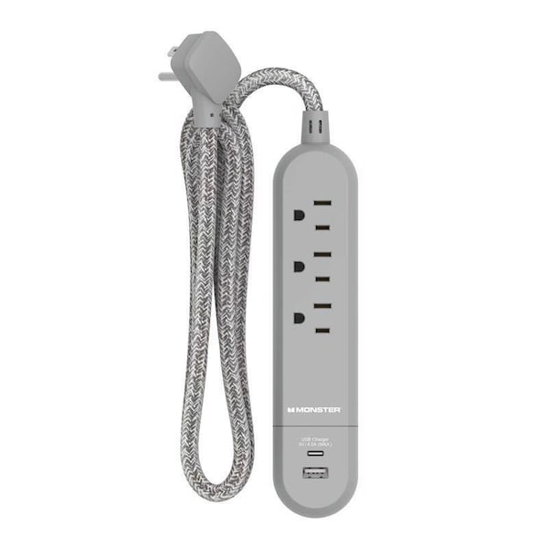 Monster 4 ft. L 3 outlets Power Strip with USB Ports Gray 1715 - main