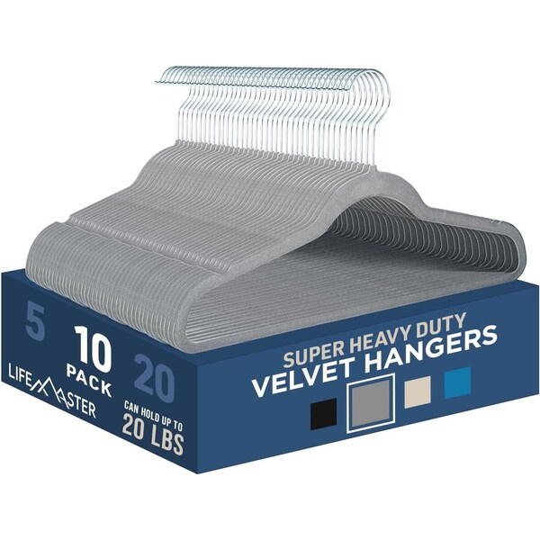 Lifemaster Velvet Hangers, Swivel Hook, Non-Slip, Heavy Duty, Holds 10 lbs, Gray, 10PK LMGR10Y - main