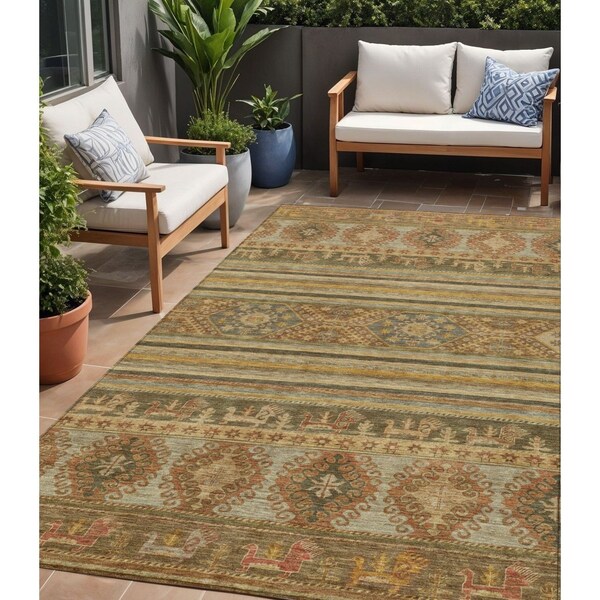 Homeroots 5' X 8' Beige Taupe And Gold Tribal Washable Indoor Outdoor Area Rug 615393 - main