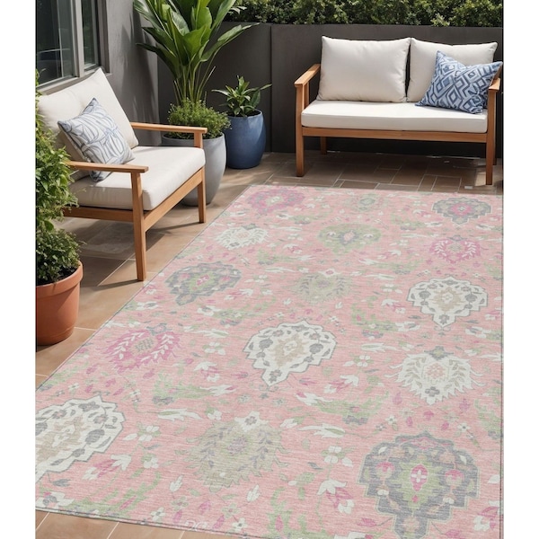 Homeroots 5' X 8' Pink Ivory And Gray Damask Washable Indoor Outdoor Area Rug 599443 - main