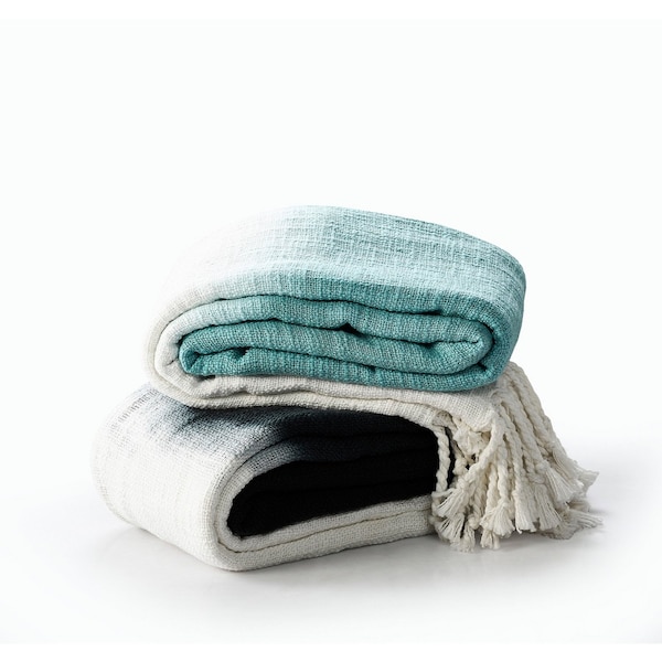 Homeroots 50" X 60" Blue and White Woven Cotton Ombre Throw Blanket with Fringe 516578 - main