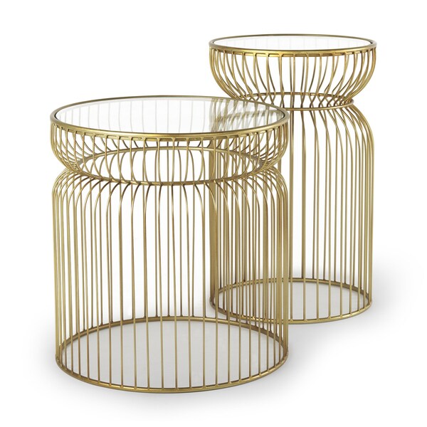 Homeroots Set of Two Clear and Gold Tempered Glass and Metal Wire Round Drum End Tables, 2PK 605374 - main