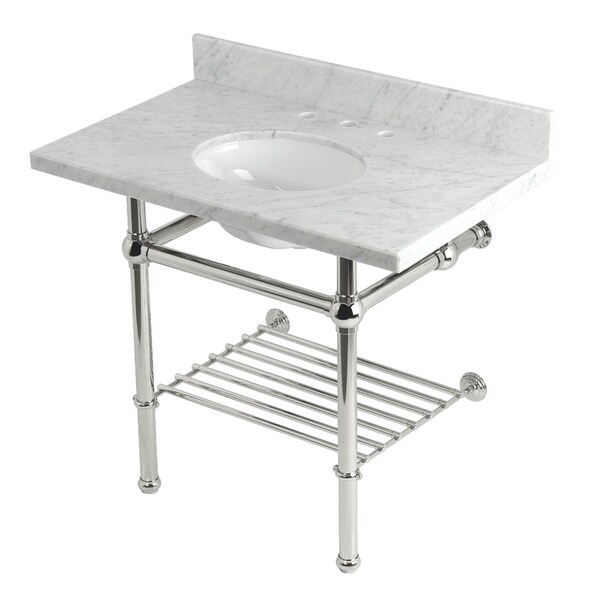 Kingston Brass 36-Inch Carrara Marble Console Sink with Brass Legs and Shelf, 8-Inch, 3-Hole KVPB3630MBB6 - main