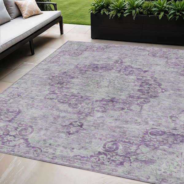 Homeroots 5' X 8' Purple Floral Medallion Washable Indoor Outdoor Area Rug 607921 - main
