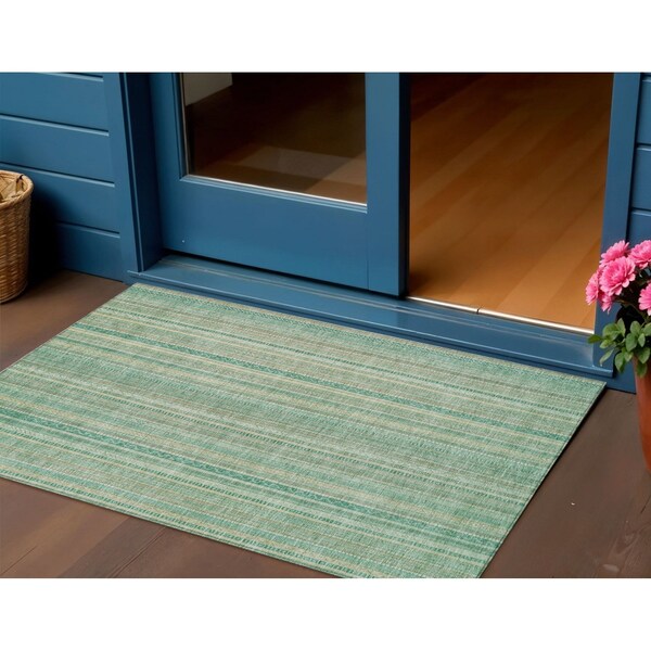 Homeroots 3' X 5' Aqua Beige And Teal Blue Striped Washable Indoor Outdoor Area Rug 616400 - main