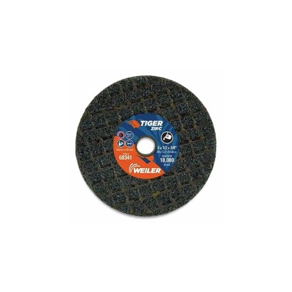 Weiler Tiger Snagging Wheel, 3 in dia x 1/2 in Thick x 3/8 in Arbor, 14 Grit, Zirconia Alumina, Type 1, 10PK 804-68341 - main