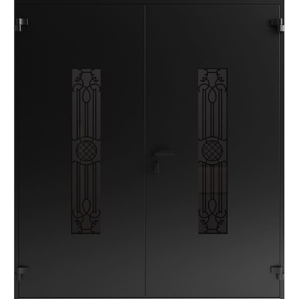 Vdomdoors Front Exterior Prehung Aluminum Double Doors Ronex1477 Black Enamel Mirrored Clear Glass Entry RONEX1477DEXD-BLK-W72xH80-RH-O - main
