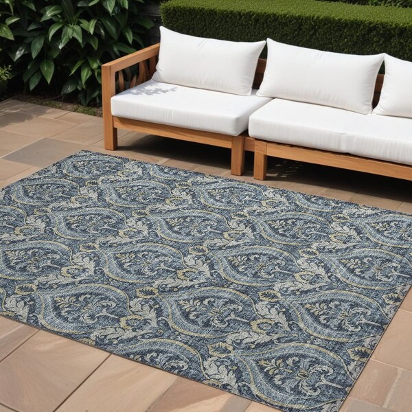 Homeroots 8' X 10' Blue and Cream Damask Washable Non Skid Indoor Outdoor Area Rug 563868 - main