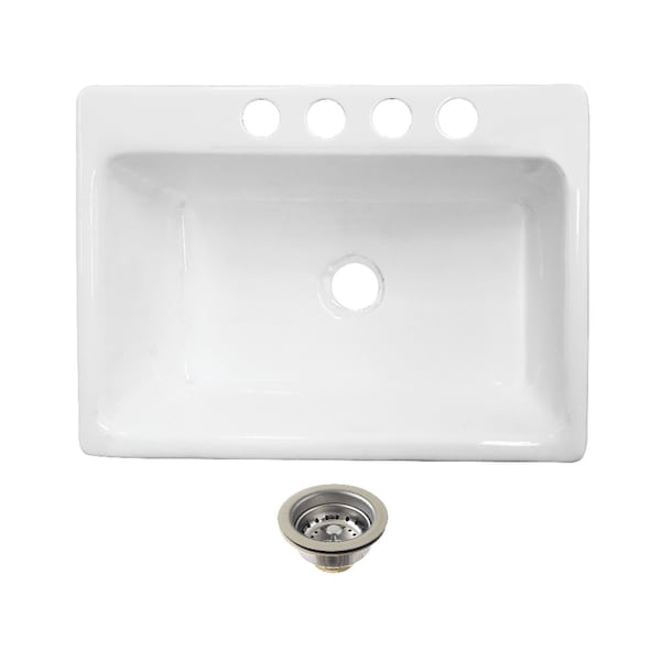 Kingston Brass 36" Cast Iron Single Bowl Undermount Kitchen Sink, 4-Hole with Strainer, White/Polished Chrome KGCKUS3622111 - main