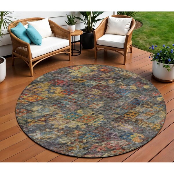 Homeroots 8' Gray Green And Terra Cotta Round Floral Washable Indoor Outdoor Area Rug 604158 - main