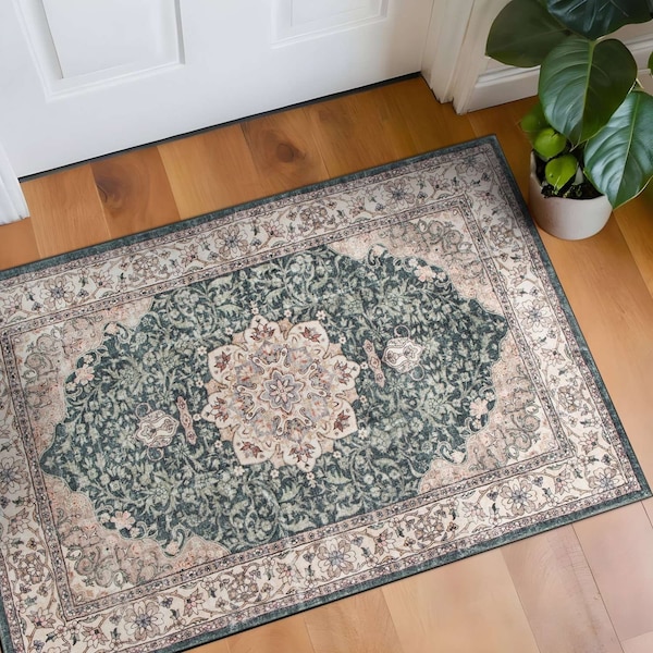 World Rug Gallery Traditional Oriental Medallion Washable Non Slip Area Rug 2 ft x 4 ft Green WR84GREEN2X4 - main