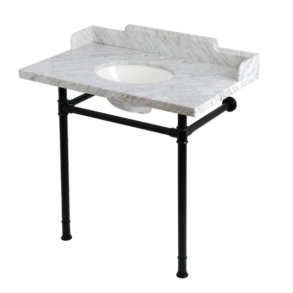 Kingston Brass 36-Inch Carrara Marble Console Sink with Stainless Steel Legs, 8-Inch, 3-Hole KMS36228M380 - main