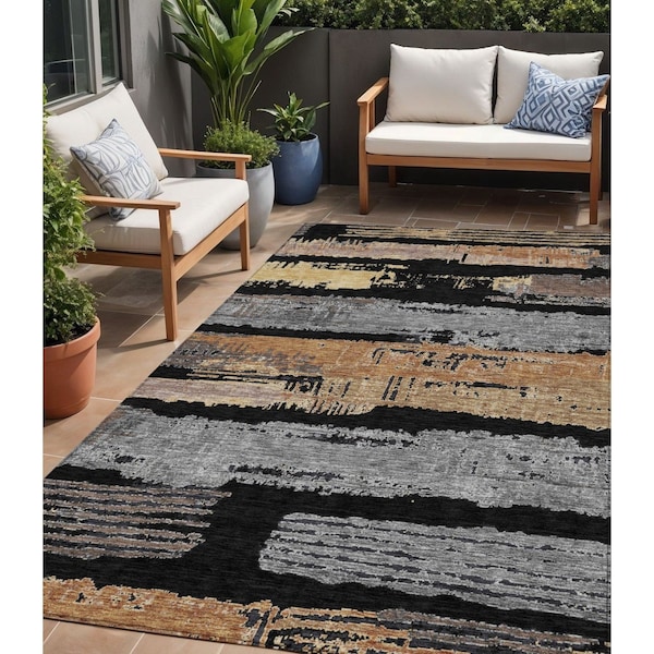 Homeroots 5' X 8' Black Gold And Brown Striped Washable Indoor Outdoor Area Rug 616641 - main