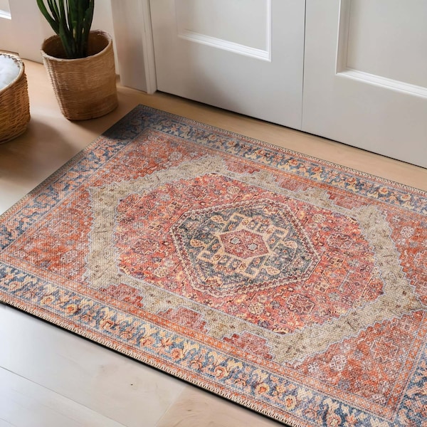 World Rug Gallery Red Vintage Style Rug - Washable, Non-Slip, Low Profile for Family and Dining Areas 2 ft x 3 ft WR170RED2X3 - main