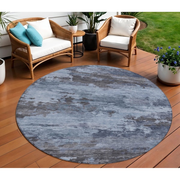Homeroots 8' Blue And Charcoal Round Abstract Washable Indoor Outdoor Area Rug 630917 - main