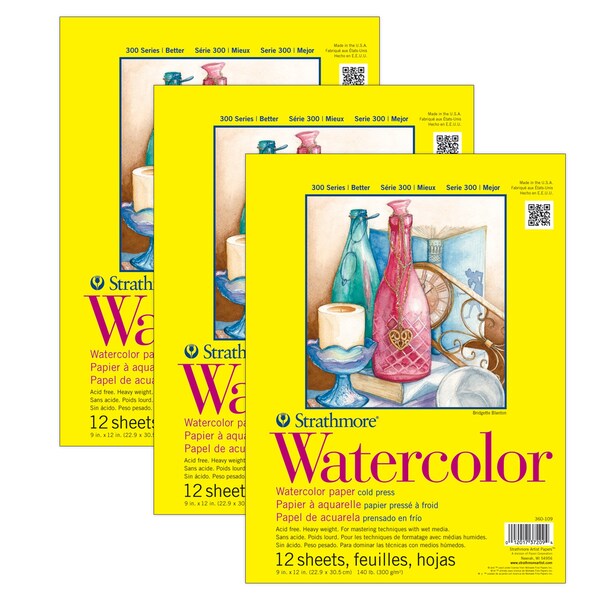 Strathmore 300 Series Watercolor Pad, Cold Pressed, Tape Binding, 12 Sheet, 9x12 inch, 3PK P360-109-03 - main