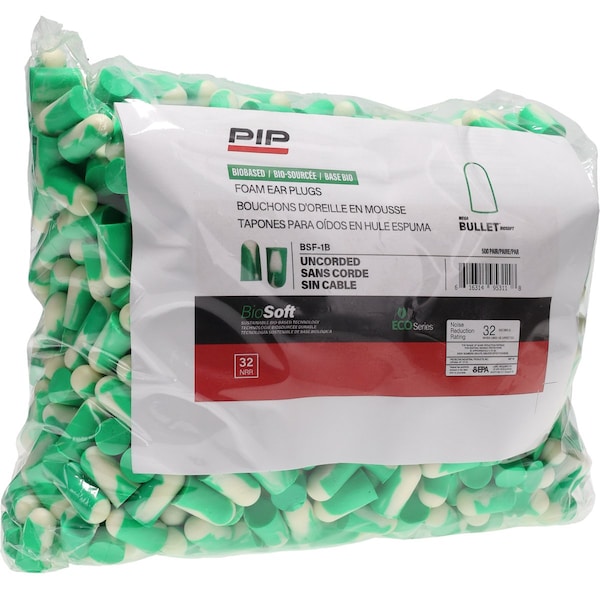 Biosoft Not Applicable Disposable Foam Earplugs, Bullet Shape, 32 dB, Green, White, 500 PK BSF-1B - main