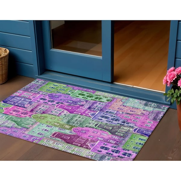 Homeroots 3' X 5' Purple Lilac And Green Village Houses Washable Indoor Outdoor Area Rug 577871 - main