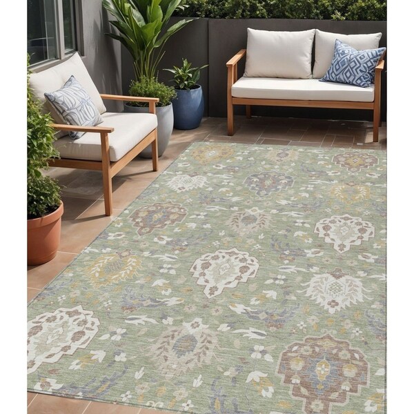 Homeroots 5' X 8' Artichoke Green Brown And Ivory Damask Washable Indoor Outdoor Area Rug 599389 - main