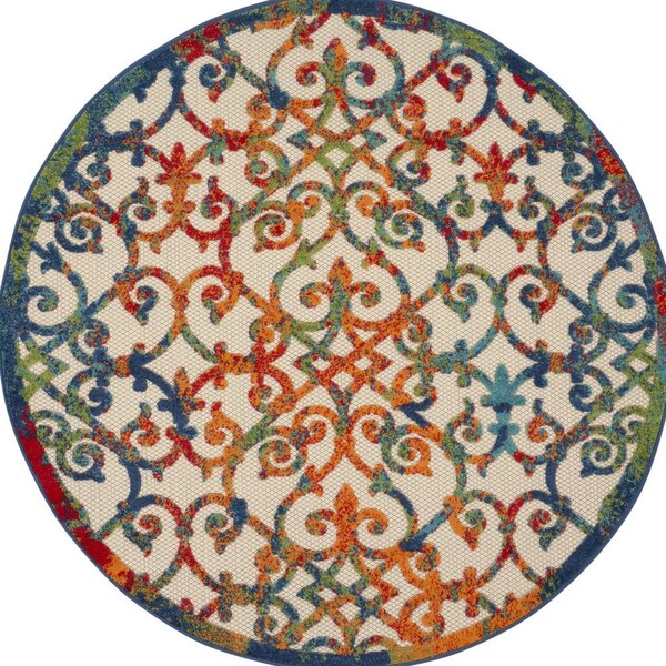 Homeroots 5' Ivory Blue Orange And Green Round Trellis Indoor Outdoor Area Rug 546798 - main