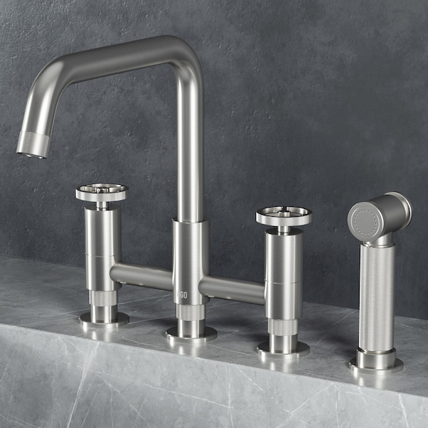 Vigo Cass Two-Handle Widespread Bridge Kitchen Faucet with Side Sprayer in Stainless Steel VG02051ST - main