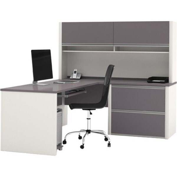 Bestar L Shaped Desk L-Shape Workstation, 82.9" D X 65.9" H, 71.1" W X Melamine, Slate/Sandstone 93867-59 - main