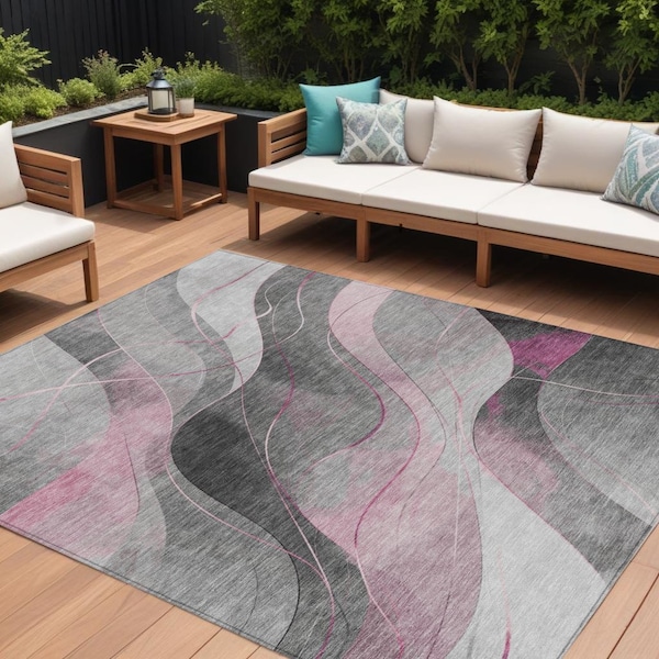 Homeroots 8' X 10' Pink Gray And Silver Abstract Washable Indoor Outdoor Area Rug 616763 - main