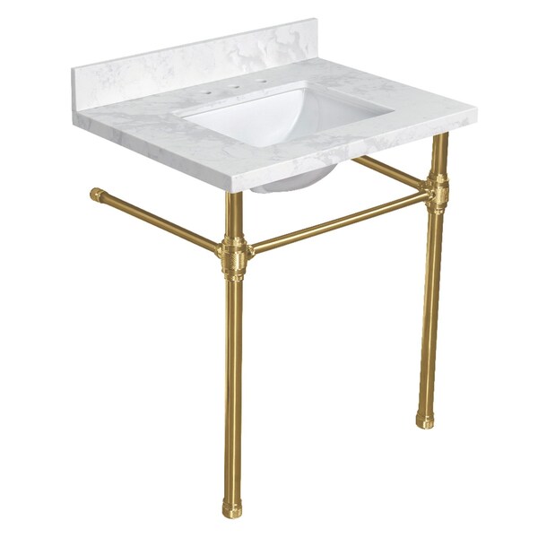 Kingston Brass 31" Quartz Console Sink with Brass Legs, 8-Inch, 3-Hole, Quartz White/Brushed Brass KVPB3122W38CRV7 - main