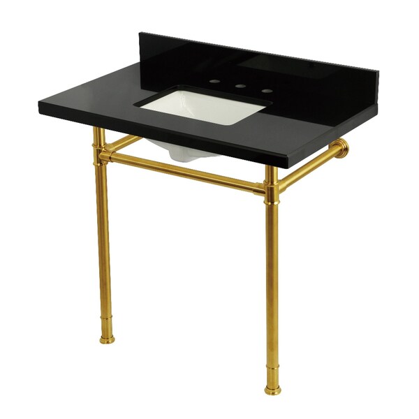 Kingston Brass 36-Inch Black Granite Console Sink with Stainless Steel Legs, 8-Inch, 3-Hole KVPK36227K387 - main