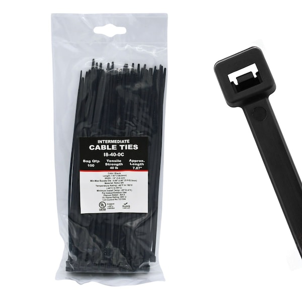 Cable Ties Unlimited Cable Tie, 8 in L, 40 lb Strength, 2.2 in Max Bundle Dia, Nylon 6/6, UV Resistant, Black, 100PK I8-40-0C - main