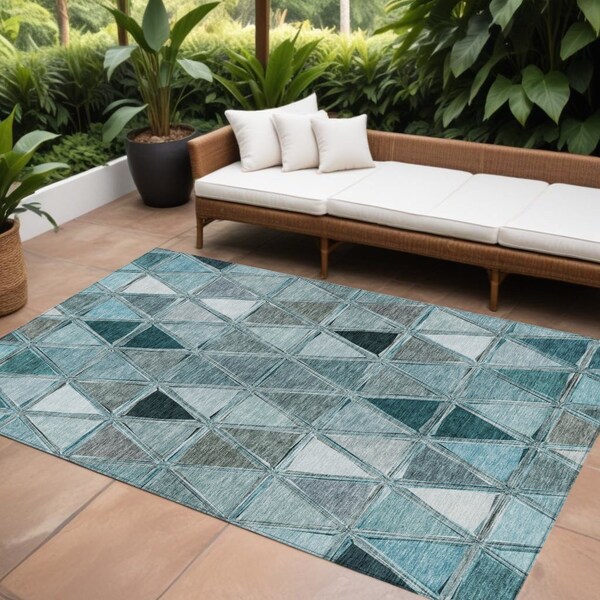 Homeroots 9' X 12' Teal Blue Aqua And Gray Geometric Washable Indoor Outdoor Area Rug 583056 - main