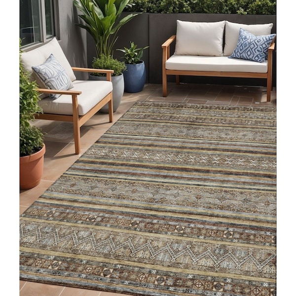Homeroots 5' X 8' Brown Denim Blue And Beige Southwestern Washable Indoor Outdoor Area Rug 615951 - main
