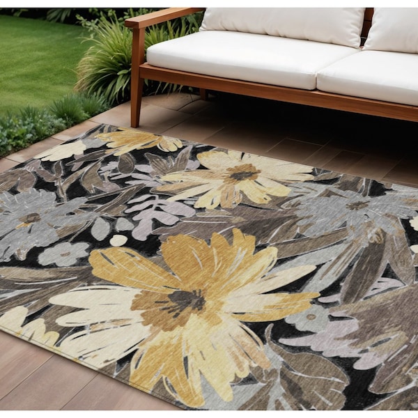 Homeroots 9' X 12' Black And Gray Floral Washable Indoor Outdoor Area Rug 610971 - main