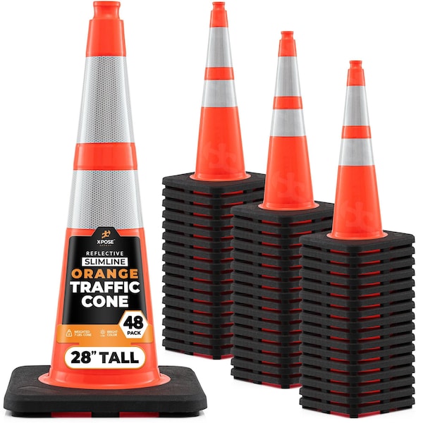 Xpose Safety Slim Line Traffic Safety Cone, 28 in, 6 in & 4 in Reflective Collar, DOT Approved, Orange, 48 pk OTC28SL-64-48-X - main