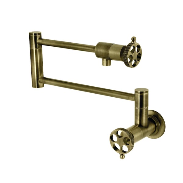 Kingston Brass Wall Mount Pot Filler Faucet with Knurled Handle, Antique Brass KS4103RKX - main
