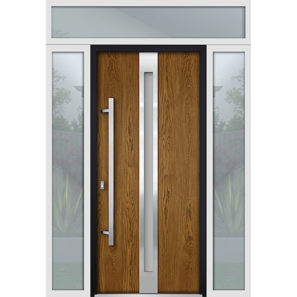 Vdomdoors Steel Door Deux 1744 Natural Oak 2 Sidelight and Transom White Window Stainless Inserts Single Mode DEUX1744EXD-OAKW-W14+36+14xH80+16-RH-O - main